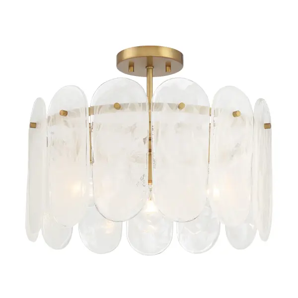 The Oldmill semi-flush combines traditional elegance with transitional versatility. Its Legacy Brass finish and alabaster glass shades create warm, diffused lighting perfect for lower ceilings and intimate spaces.