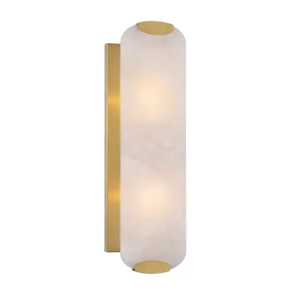 The Glowstone wall sconce combines warm Legacy Brass with natural alabaster stone for a sophisticated, accessible lighting solution. Its compact 18" profile and ADA compliance make it ideal for bathrooms and hallways.
