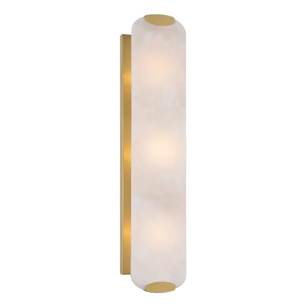 The Glowstone wall sconce combines warm Legacy Brass with natural alabaster stone for sophisticated ambient lighting. Its 24-inch vertical profile and ADA compliance make it ideal for bathrooms and hallways.