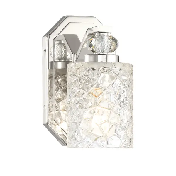 The Crystal Kay vanity light combines modern chrome finish with pressed glass for a clean, contemporary look. Its compact 4.5-inch width makes it ideal for smaller bathrooms or powder rooms where space is at a premium. - alternate view