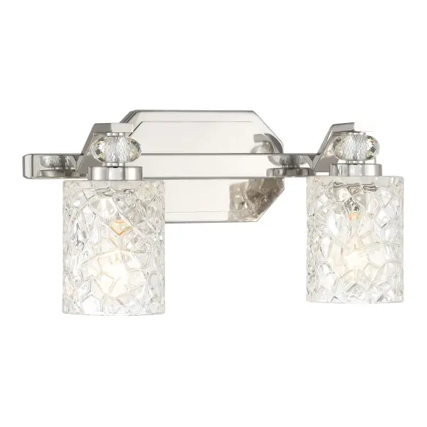 The Crystal Kay brings modern sophistication to bathroom lighting with its polished chrome finish and distinctive pressed glass shades. Reversible design offers installation flexibility for various vanity configurations.