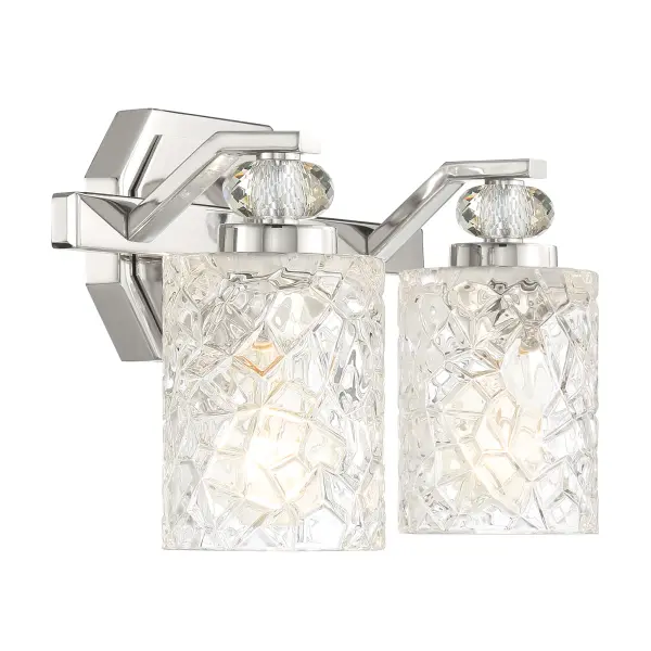 The Crystal Kay brings modern sophistication to bathroom lighting with its polished chrome finish and distinctive pressed glass shades. Reversible design offers installation flexibility for various vanity configurations. - alternate view