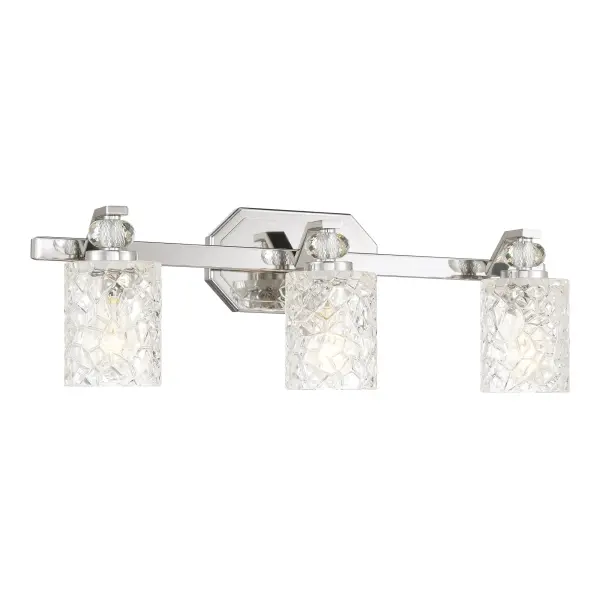 The Crystal Kay 3-Light Bath Vanity combines contemporary chrome styling with pressed glass shades for bright, even illumination. Its reversible design and 24.5-inch width make it ideal for medium-sized bathroom vanities.