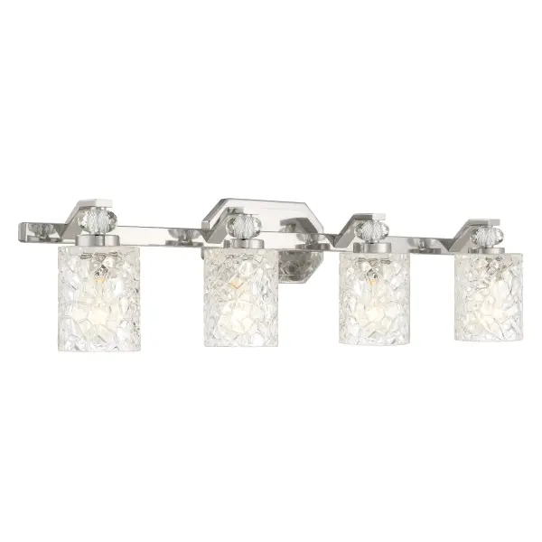 The Crystal Kay 4-Light Bath Vanity combines modern sophistication with practical illumination. Its 32-inch span and reversible design make it ideal for medium to large bathrooms, while chrome finish and pressed glass shades add timeless elegance.