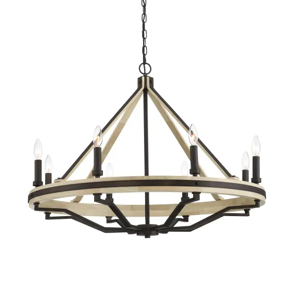 The Sonoma chandelier combines dark bronze metalwork with natural solid oak wood accents, creating a warm, inviting focal point. At 34 inches wide with 8 candelabra lights, it delivers substantial presence and ample illumination.