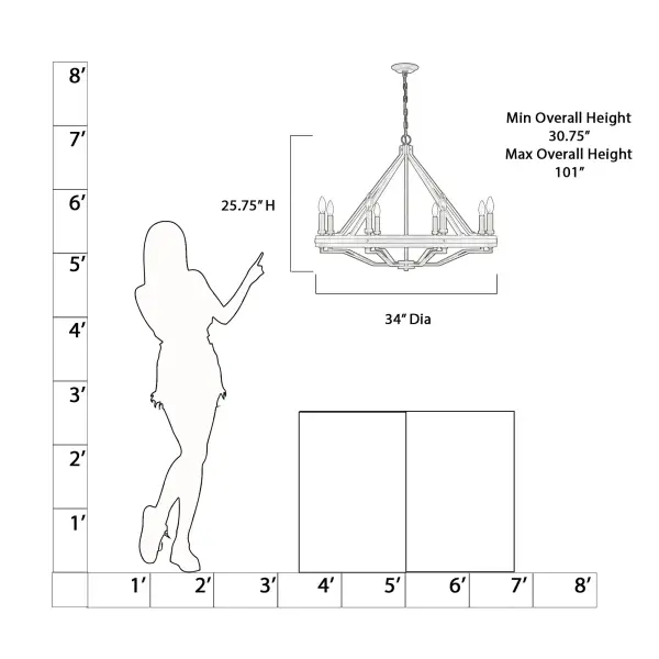 The Sonoma chandelier combines dark bronze metalwork with natural solid oak wood accents, creating a warm, inviting focal point. At 34 inches wide with 8 candelabra lights, it delivers substantial presence and ample illumination. - alternate view