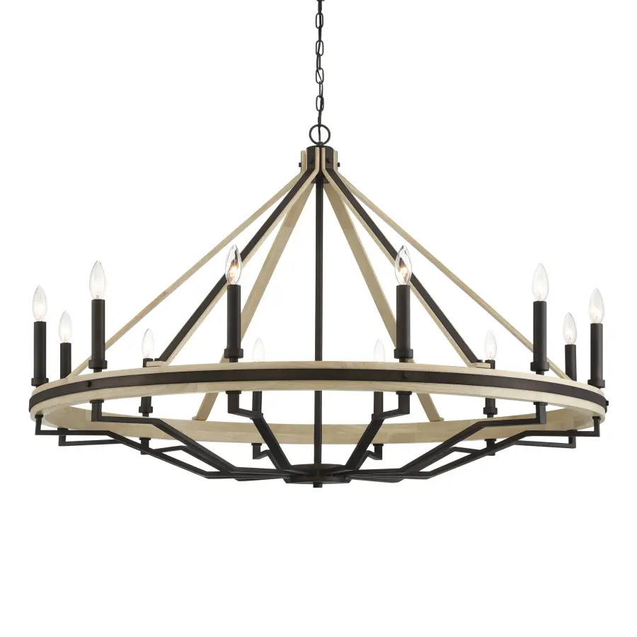 Rustic Elegance: Expansive 12-Light Chandelier with Natural Wood Accents - Image 1