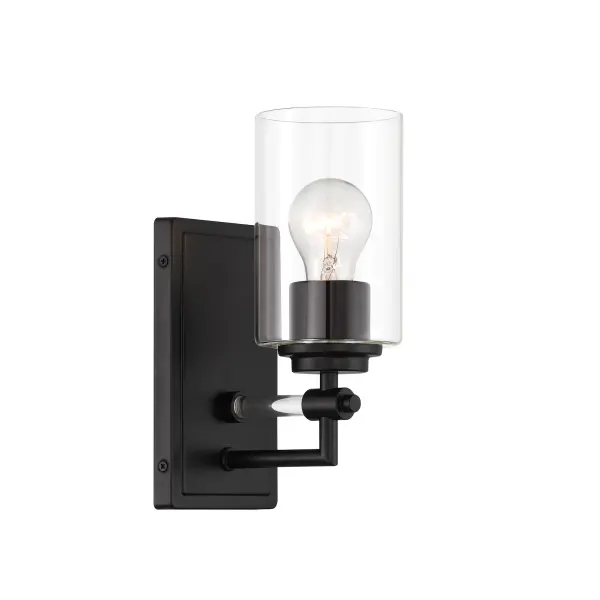 The Binsly bath vanity combines contemporary minimalism with practical versatility. Its coal black finish and clean glass shade create a sophisticated look, while reversible mounting allows installation flexibility. - alternate view