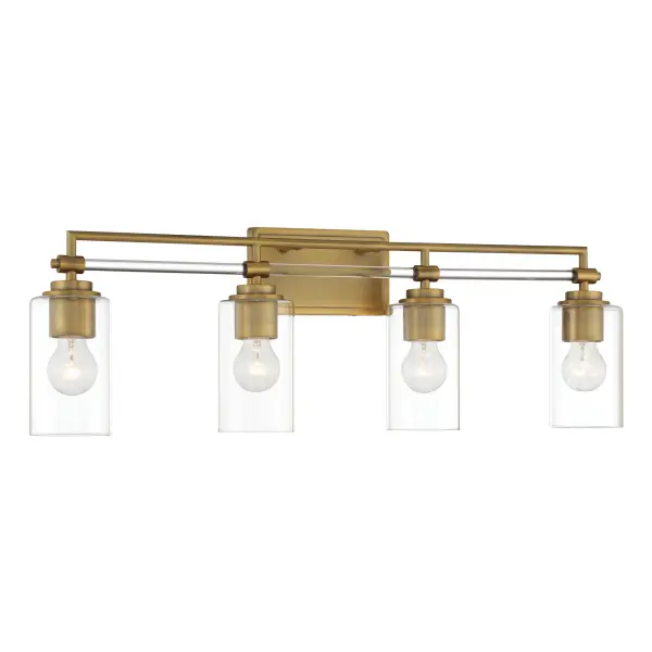The Binsly vanity light combines contemporary styling with timeless aged brass finish. Its 32-inch width provides excellent illumination for medium to large vanities, while clear glass shades offer clean, unobstructed light.