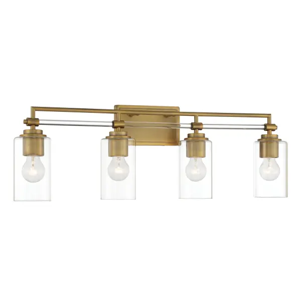 The Binsly vanity light combines contemporary styling with timeless aged brass finish. Its 32-inch width provides excellent illumination for medium to large vanities, while clear glass shades offer clean, unobstructed light. - alternate view