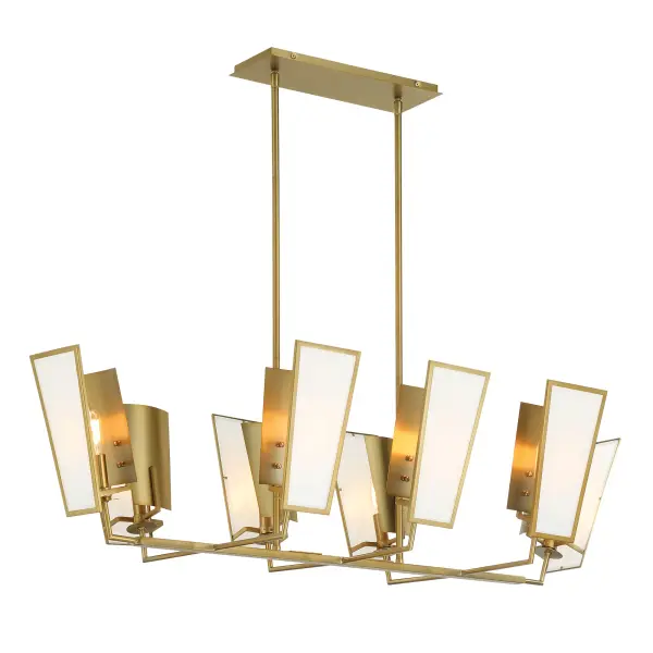 The Ricochet 8-Light Island Chandelier combines warm Soft Brass finish with White Silk Glass shades for sophisticated illumination. Its 44-inch linear design provides excellent task lighting while adding contemporary elegance.