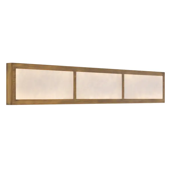 The Stiles vanity light combines contemporary styling with warm Ashen Gold finish and natural alabaster stone diffusers. ADA-compliant design delivers 2700 lumens of high-CRI LED light, perfect for bathroom vanities and grooming areas.