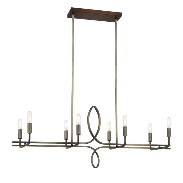Robin Baron's Yorkville brings sophisticated farmhouse charm to kitchen islands and dining spaces. The aged darkwood finish paired with silver patina creates a distinctive two-tone look, while eight candelabra lights provide ample illumination.