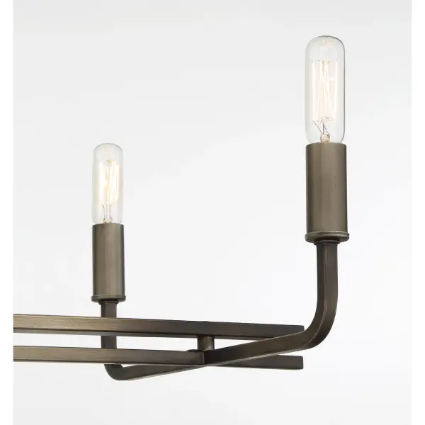 Robin Baron's Yorkville brings sophisticated farmhouse charm to kitchen islands and dining spaces. The aged darkwood finish paired with silver patina creates a distinctive two-tone look, while eight candelabra lights provide ample illumination. - alternate view