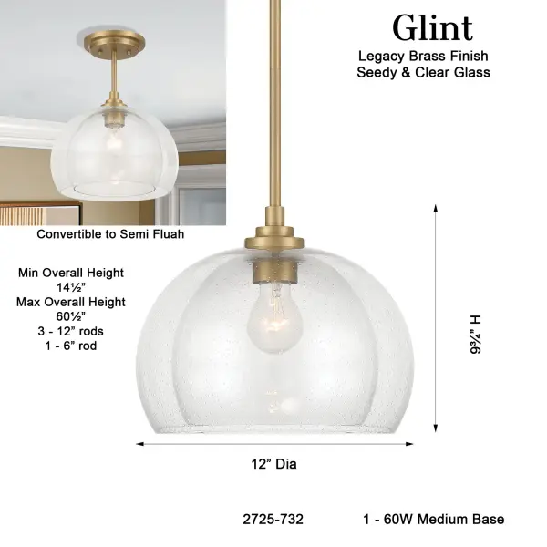 Glint 12" Convertible Semi Flush/Pendant in Legacy Brass - Image 2