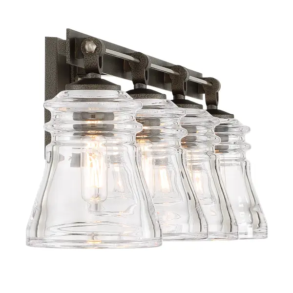 The Graham Avenue 4-Light Bath combines traditional pressed glass with modern mixed-metal finishes. At 30.5 inches wide, it provides ample illumination for medium to large vanities while adding sophisticated industrial charm. - alternate view