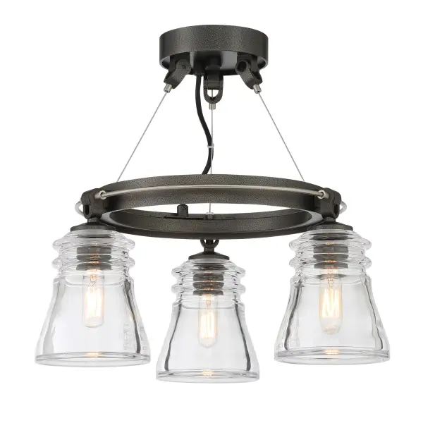 The Graham Avenue semi-flush combines smoked iron and brushed nickel finishes with clear glass for a sophisticated transitional look. Its compact 17-inch profile and dimmable 3-light design make it ideal for rooms with lower ceilings.