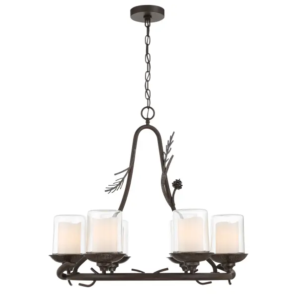 The Ponderosa Ridge chandelier combines weathered spruce finish with silver highlights for authentic rustic charm. Six lights provide ample illumination while clear glass shades showcase vintage-style bulbs. Dimmable functionality and outdoor-rated construction make it versatile for covered porches, patios, or transitional indoor spaces.