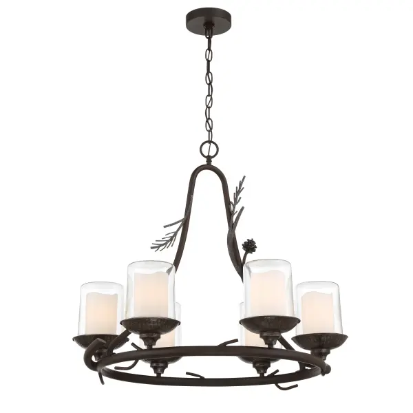 The Ponderosa Ridge chandelier combines weathered spruce finish with silver highlights for authentic rustic charm. Six lights provide ample illumination while clear glass shades showcase vintage-style bulbs. Dimmable functionality and outdoor-rated construction make it versatile for covered porches, patios, or transitional indoor spaces. - alternate view