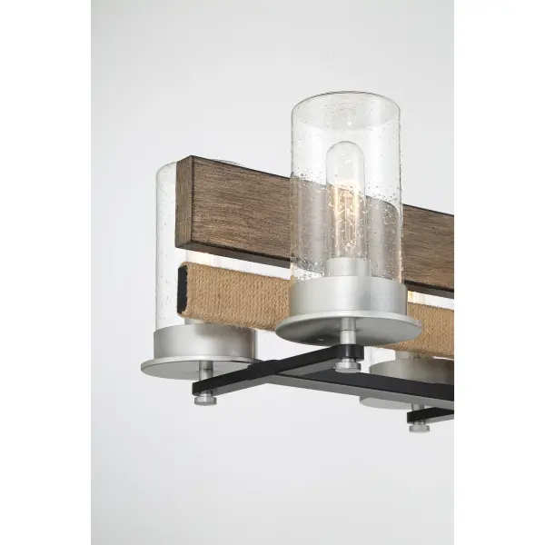 The Silver Creek brings dramatic scale and mixed-material appeal to covered outdoor spaces. Eight lights provide ample illumination while rope detailing and seedy glass add coastal charm to the modern industrial frame. - alternate view