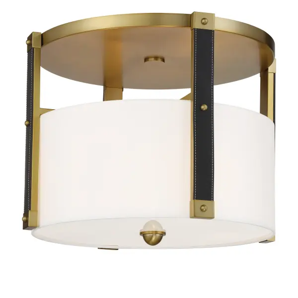 Robin Baron's Chelsea collection brings sophisticated warmth with soft brass finish, white silk shade, and distinctive leather accents. At 20" wide, it provides ample illumination while maintaining an elegant low profile. - alternate view