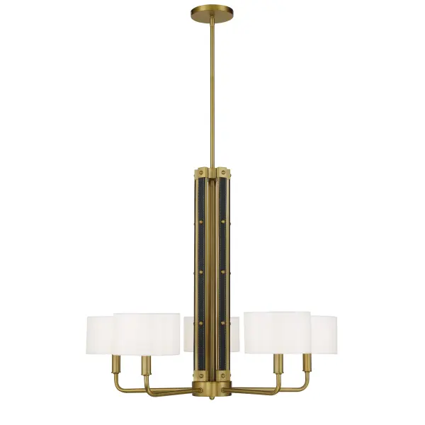 Robin Baron's Chelsea chandelier combines traditional sophistication with modern luxury through soft brass finish, white silk shades, and distinctive leather accents. Perfect for creating refined ambiance in dining rooms and entryways.