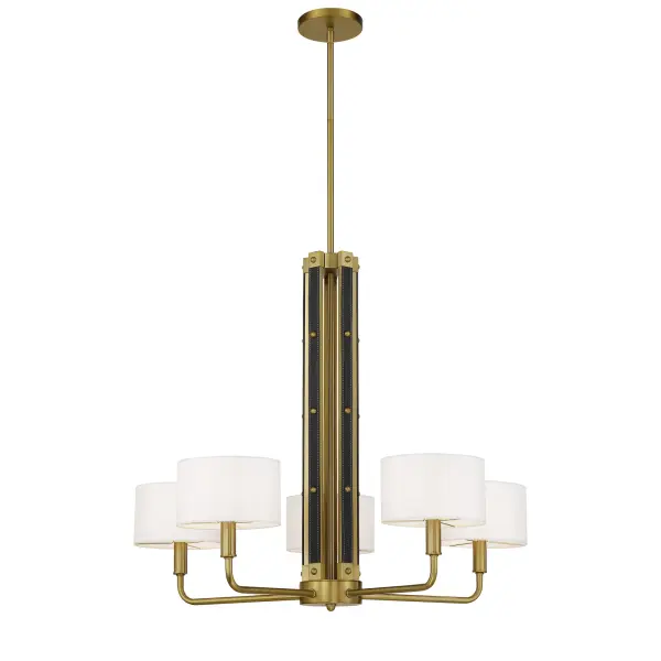 Robin Baron's Chelsea chandelier combines traditional sophistication with modern luxury through soft brass finish, white silk shades, and distinctive leather accents. Perfect for creating refined ambiance in dining rooms and entryways. - alternate view