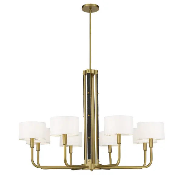 Robin Baron's Chelsea chandelier combines traditional sophistication with artisanal details. Eight candelabra lights with white silk shades create warm, diffused illumination, while leather accents add unexpected texture and luxury. - alternate view