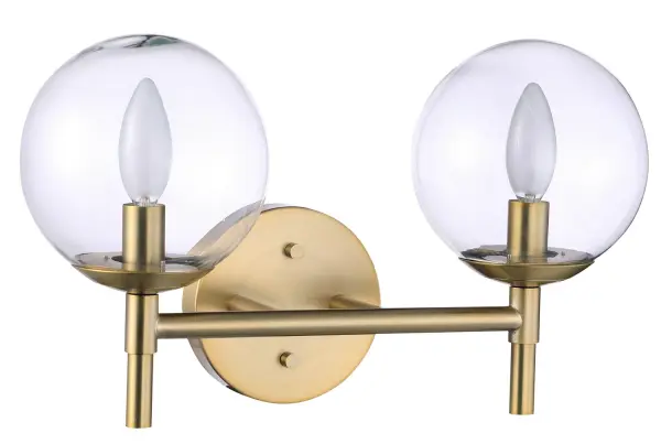 2 Light Bath Fixture in Metal with Soft Brass Finish and Clear Glass