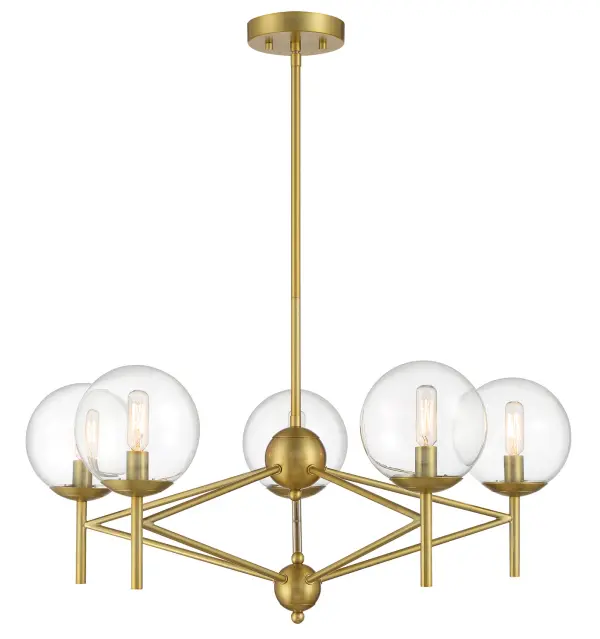5 Light Pendant Fixture in Metal with Soft Brass Finish and Clear Glass