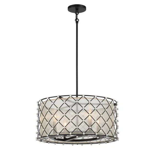 The Sheer Elegance combines sophisticated traditional styling with a dramatic coal black finish and shimmering gold organza shade. Its convertible design offers flexibility as either a semi-flush or pendant fixture.