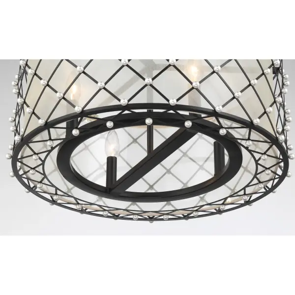 The Sheer Elegance combines sophisticated traditional styling with a dramatic coal black finish and shimmering gold organza shade. Its convertible design offers flexibility as either a semi-flush or pendant fixture. - alternate view