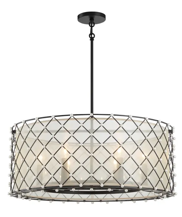 The Sheer Elegance pendant combines bold coal black finish with luxurious gold organza shades for a striking contemporary statement. Six candelabra lights provide ample illumination while the fabric shades create warm, diffused ambiance.