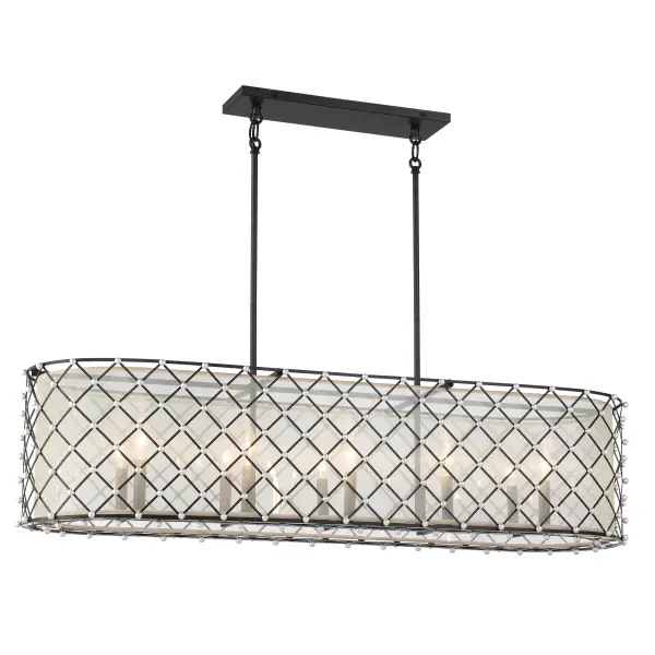 The Sheer Elegance brings contemporary glamour to kitchen islands and dining spaces with its striking 48-inch linear design. Ten candelabra lights behind a gold organza shade create warm, diffused illumination with dramatic visual impact.
