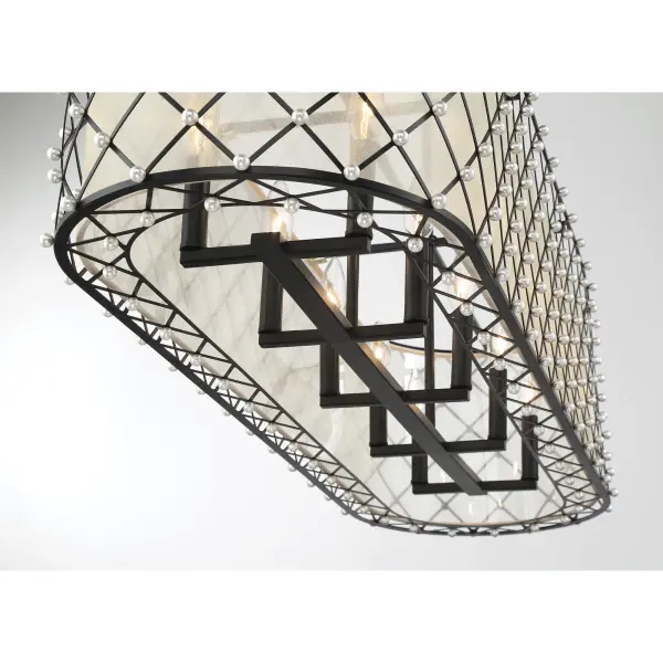 The Sheer Elegance brings contemporary glamour to kitchen islands and dining spaces with its striking 48-inch linear design. Ten candelabra lights behind a gold organza shade create warm, diffused illumination with dramatic visual impact. - alternate view
