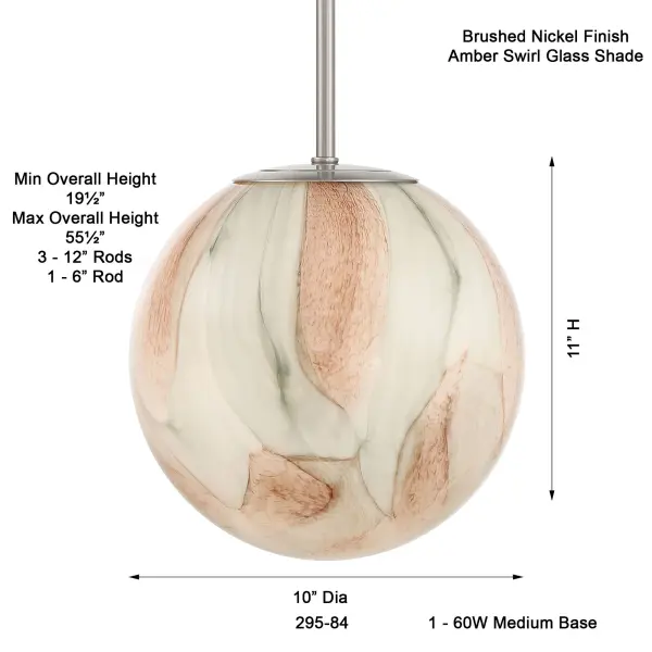 Desert 10" Brushed Nickel Pendant with Amber Swirl Glass - Image 3