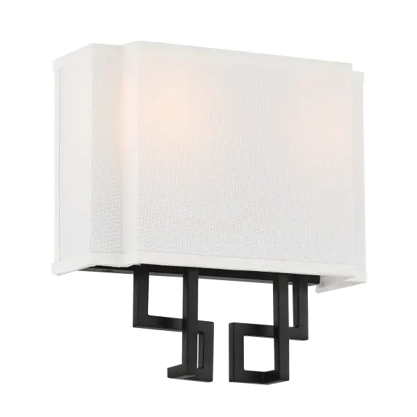 The Upham Estates wall sconce combines polished nickel and coal finishes with a crisp white fabric shade, delivering transitional elegance perfect for bathrooms and hallways. ADA-compliant design ensures accessibility.