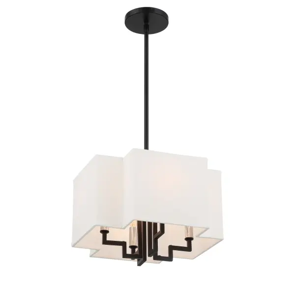 The Upham Estates combines sophisticated polished nickel and coal finishes with clean white fabric shades. Its convertible design offers flexibility for various ceiling heights and room configurations.