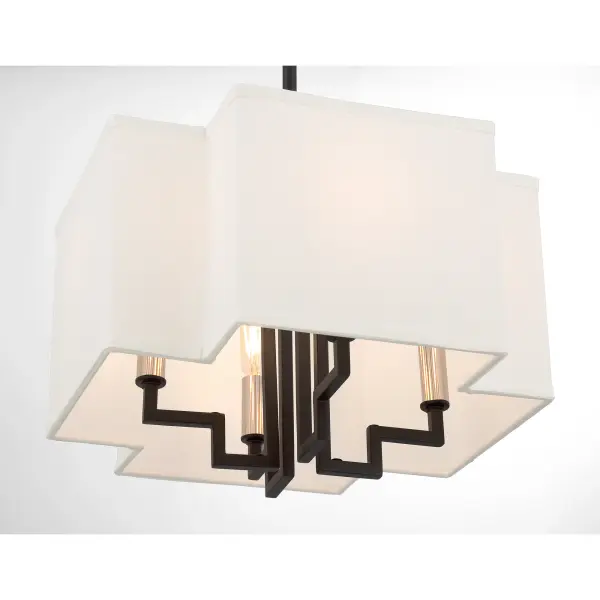 The Upham Estates combines sophisticated polished nickel and coal finishes with clean white fabric shades. Its convertible design offers flexibility for various ceiling heights and room configurations. - alternate view