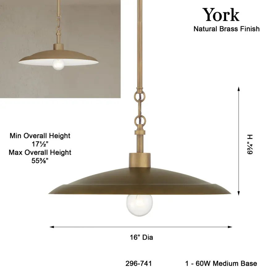 York 16" Natural Brass Pendant Light - Image 3