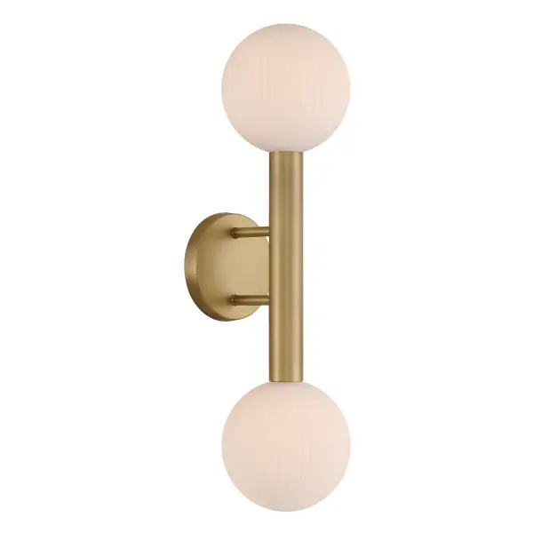 The Fenton wall sconce combines warm Legacy Brass finish with unique white striped glass for a sophisticated look. At 22" tall, it provides ample illumination while maintaining a slim 6" profile perfect for hallways and bathrooms.