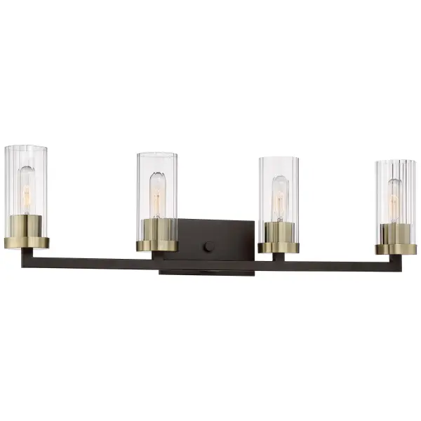 The Ainsley Court 4-Light Bath Vanity combines aged bronze with brushed brass highlights for sophisticated bathroom illumination. Its 32.75-inch width provides ample lighting for double vanities while the transitional design bridges traditional and contemporary styles.