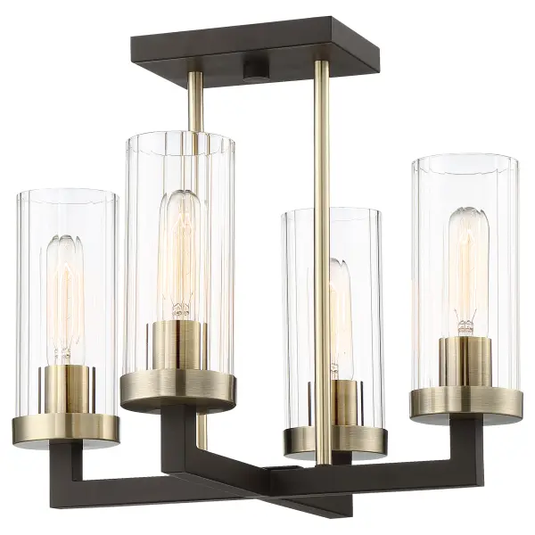 The Ainsley Court semi-flush mount combines aged bronze with brushed brass highlights and clear glass for a sophisticated transitional look. Its 16-inch width and 4-light configuration provide ample illumination for smaller spaces. - alternate view