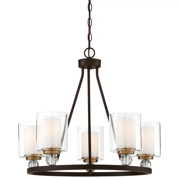The Studio 5 chandelier combines painted bronze with brushed brass accents for a refined transitional aesthetic. Five lights with dual-layer glass shades provide versatile illumination, while the 25.5-inch width suits medium-sized spaces perfectly.