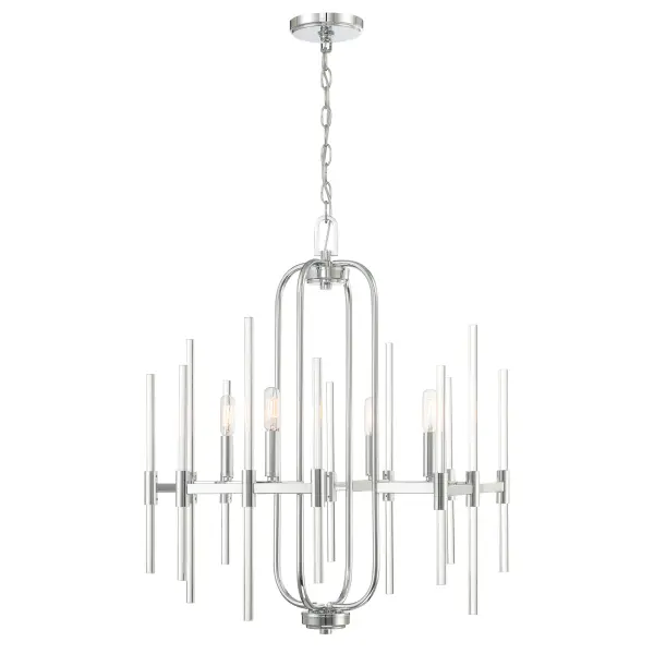 The Pillar chandelier combines transitional elegance with contemporary chrome finish and cylindrical glass shades. Its 22-inch square footprint makes it versatile for dining rooms and kitchen islands while providing ample illumination.