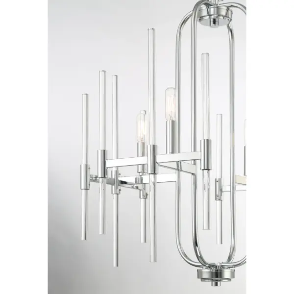 The Pillar chandelier combines transitional elegance with contemporary chrome finish and cylindrical glass shades. Its 22-inch square footprint makes it versatile for dining rooms and kitchen islands while providing ample illumination. - alternate view