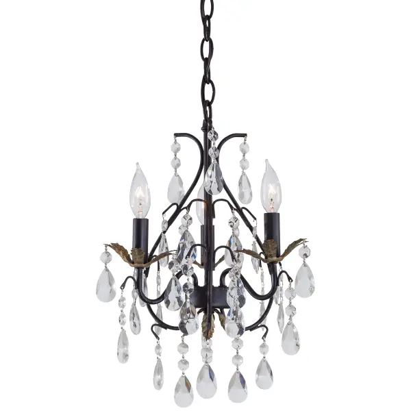 This charming 3-light mini chandelier combines rustic warmth with refined elegance through its distinctive Castlewood Walnut finish accented with silver highlights. Crystal and glass elements add sparkle while the compact 13.25-inch diameter makes it perfect for smaller dining spaces.