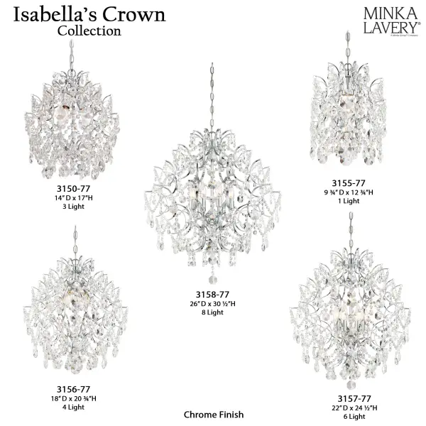The Isabella's Crown chandelier combines classic crystal elegance with modern chrome detailing. Its 6-light design provides ample illumination while the crystal elements create beautiful light refraction. Perfect for transitional spaces. - alternate view