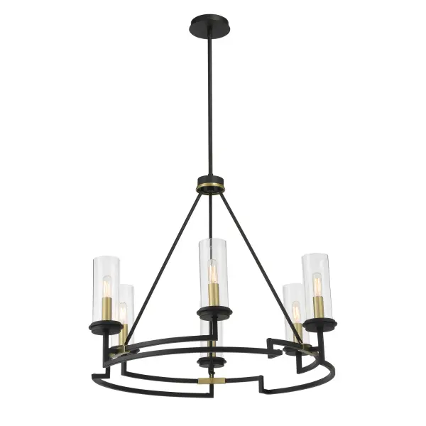 The Hillstone chandelier combines contemporary design with industrial charm through its striking two-tone finish. Six candelabra lights provide ample illumination while clear glass shades maintain an airy aesthetic.