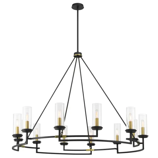 The Hillstone chandelier makes a bold architectural statement with its expansive 50-inch width and striking two-tone finish. Twelve candelabra lights provide abundant illumination while clear glass shades add sparkle and visual interest.